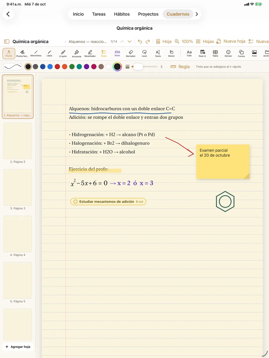 Doodue en iPad: la misma hoja de Química orgánica, escrita con Apple Pencil.