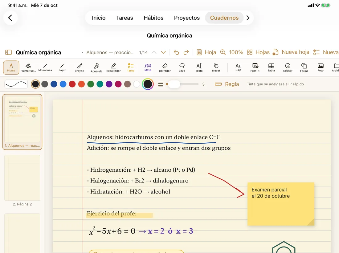 Hoja de Química orgánica en Doodue con apuntes, un post-it, una ecuación resuelta por el lápiz matemático y una tarea ligada a la hoja.