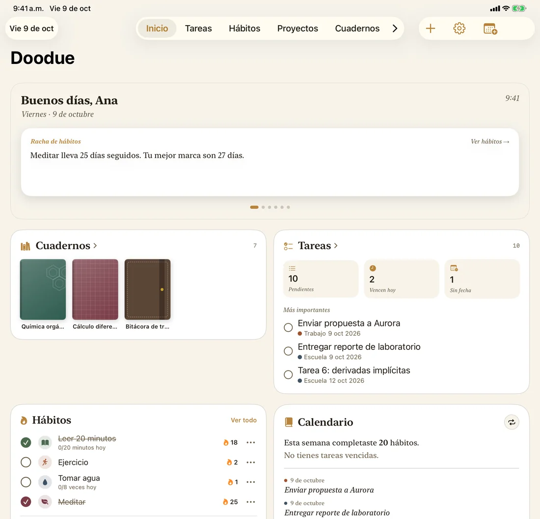 Inicio de Doodue en iPad con el Diseño Bitácora: saludo, cuadernos, tareas de hoy, hábitos y calendario.