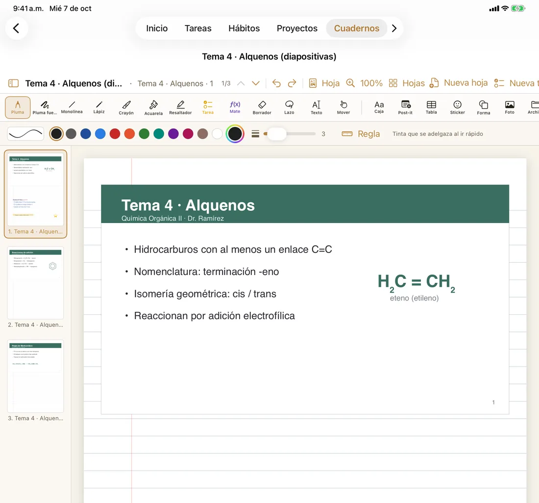Doodue en iPad: diapositiva «Tema 4 · Alquenos» arriba de la hoja y apuntes a mano en los renglones de abajo.