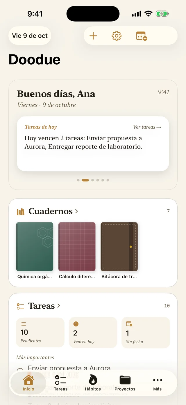 Doodue en iPhone: Inicio con el saludo, los cuadernos y las tareas del día.