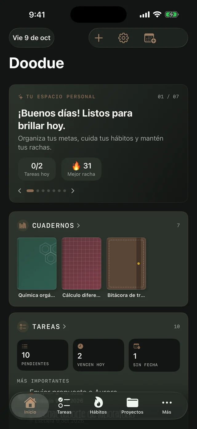 Inicio de Doodue en iPhone con el Diseño Táctico en modo oscuro.