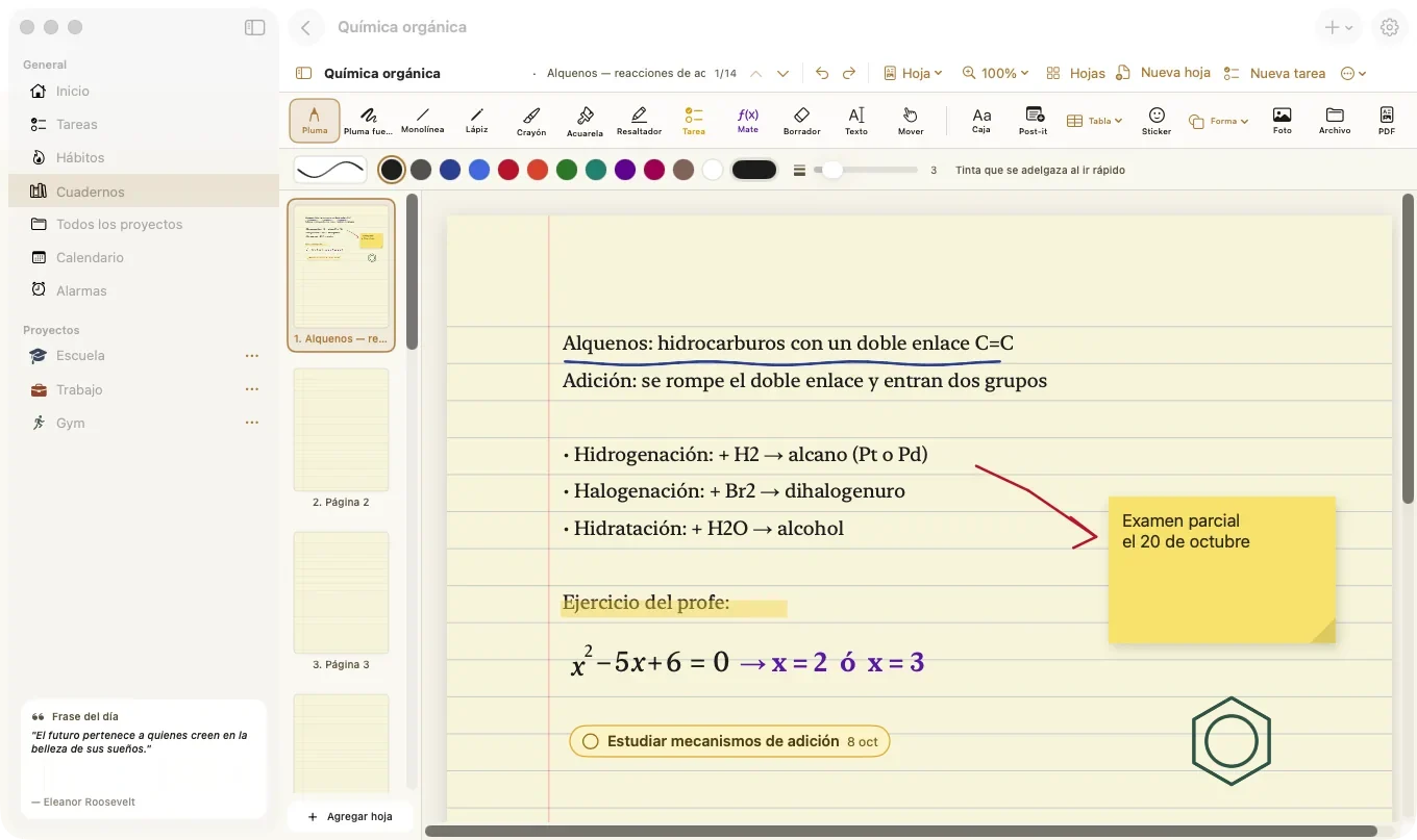 Doodue en Mac: cuaderno de Química orgánica con apuntes, un post-it, una ecuación resuelta y una tarea ligada a la hoja.